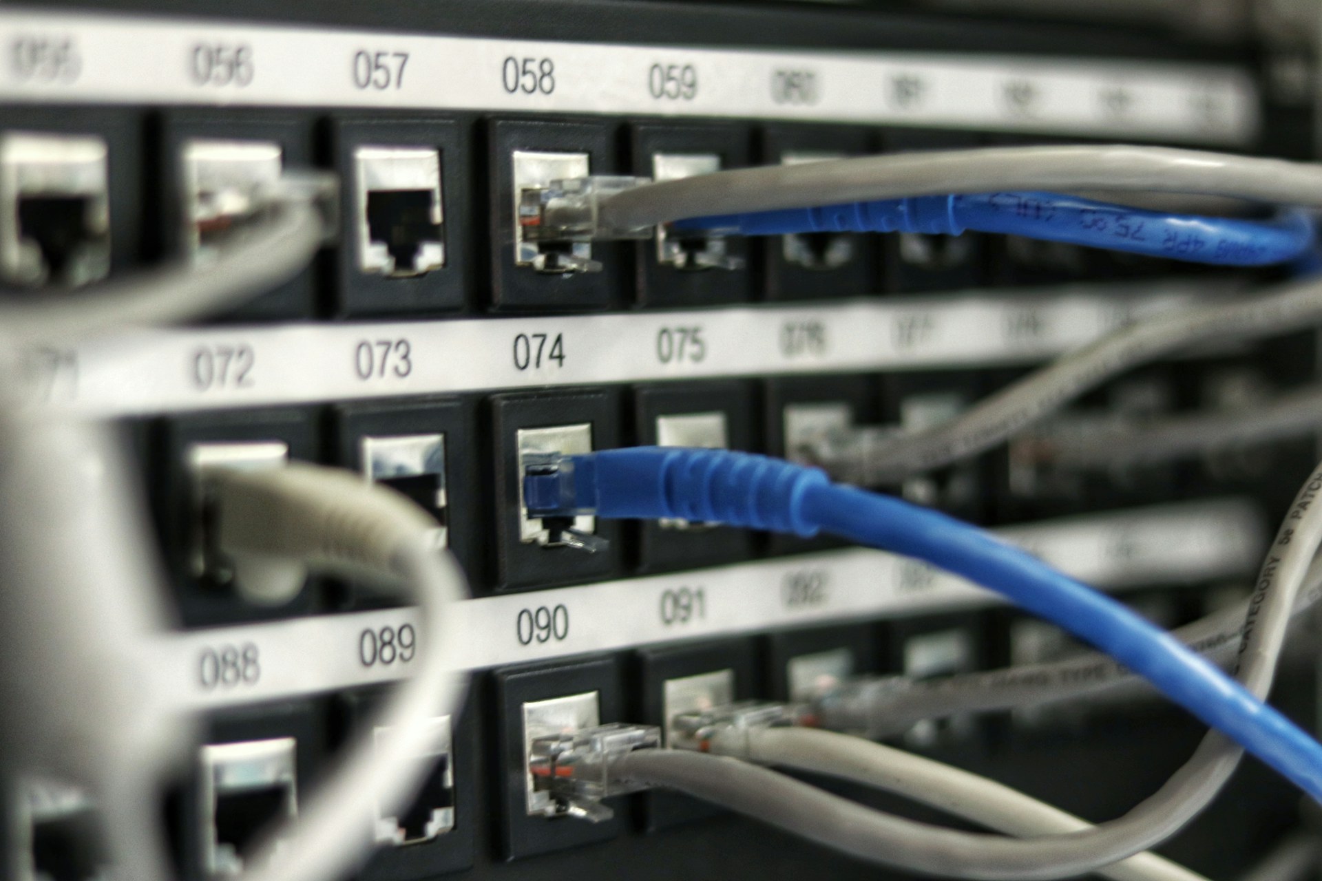 Labeled network patch panel with ethernet cables